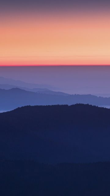 Sunset Orange, Sky view, Mountains, Foggy, Mountain range, 5K
