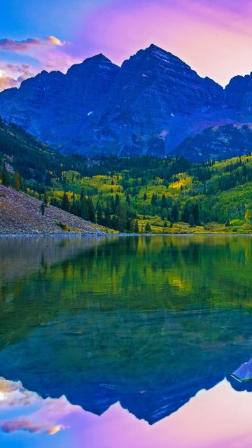 Rocky Mountains, Lake, Green Trees, Reflection, Purple sky, Sunset, Beautiful, Landscape, 5K