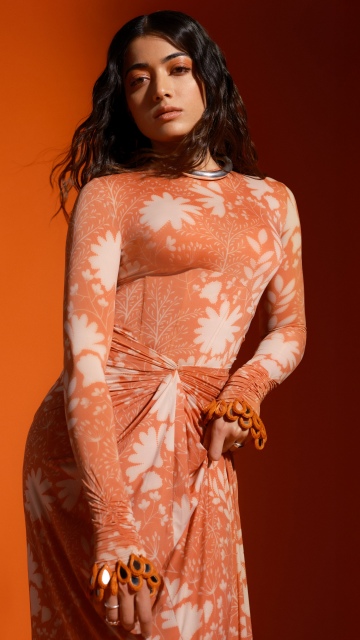 Rashmika Mandanna, Orange aesthetic, Indian actress, Orange background