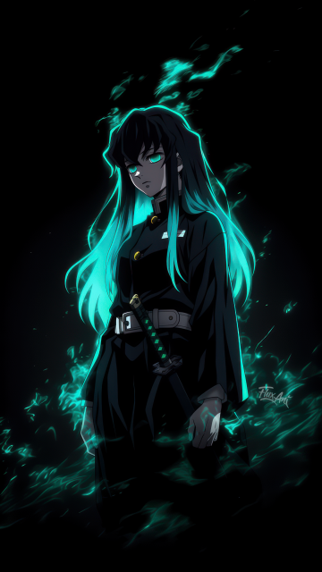 Muichiro Tokito, Neon glow, Dark aesthetic, 5K, Black background, Demon Slayer: Kimetsu no Yaiba