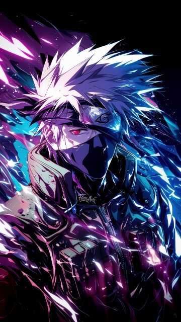 Kakashi Hatake, Vibrant, AI art, Naruto, Neon glow, 5K, Black background, AMOLED, Sharingan eye