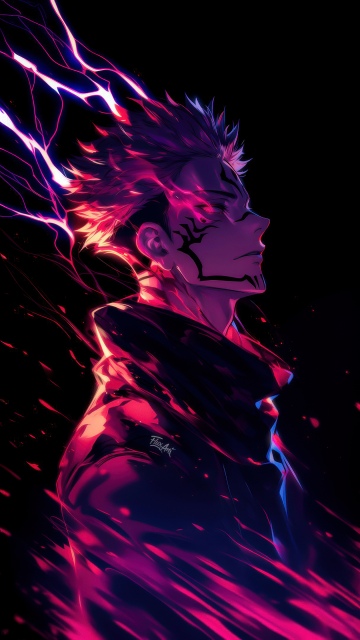 Sukuna, Electric, Jujutsu Kaisen, Neon pink, AMOLED, Black background, Neon glow