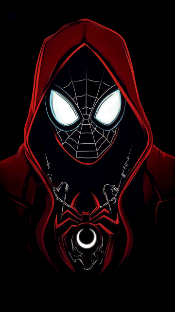 Miles Morales, Red Hoodie, Spider-Verse, Neon, Dark aesthetic, 5K, Black background, AMOLED