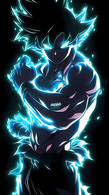Goku Ultra Instinct, Electric, Dragon Ball, Neon glow, Black background, AMOLED, 5K