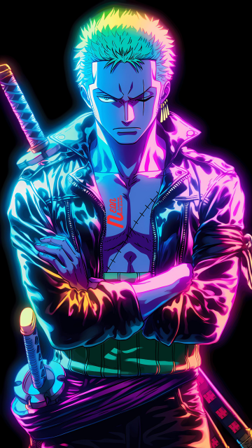 Roronoa Zoro, Neon glow, One Piece, Black background, AMOLED, 5K, Neon art
