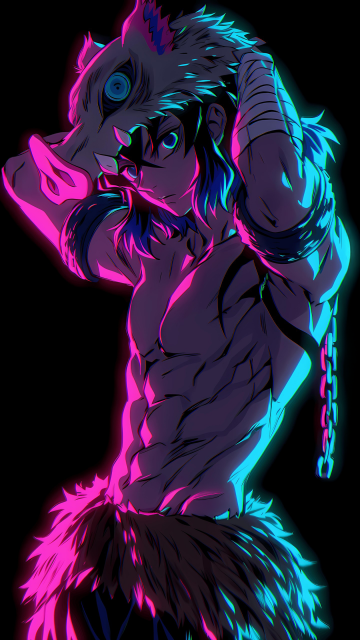 Inosuke Hashibira, Neon glow, AMOLED, Black background, 5K, Neon pink, Demon Slayer: Kimetsu no Yaiba