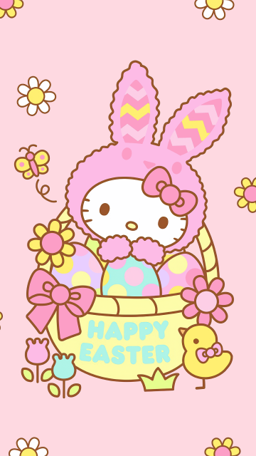 Hello Kitty, Easter bunny, Happy Easter, Pink background, 5K