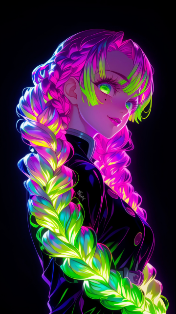 Mitsuri Kanroji, Neon art, Demon Slayer: Kimetsu no Yaiba, Black background, AMOLED