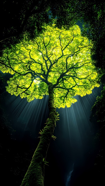 Jungle tree, Dark aesthetic, Rainforest, Wilderness, Illuminated, Surreal, Dark background, Sun rays