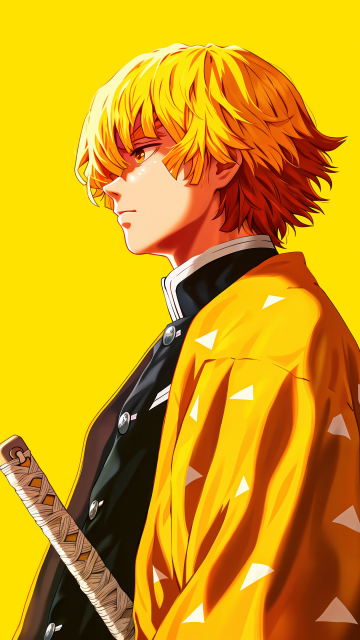 Zenitsu Agatsuma, Yellow aesthetic, 5K, Demon Slayer: Kimetsu no Yaiba, Yellow background, Katana