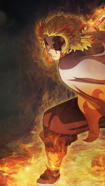 Demon Slayer: Mugen Train, Kyojuro Rengoku, Flame Hashira, Fire effect, Flames, 2025 Movies, Anime movie, Demon Slayer: Kimetsu no Yaiba, 5K, 8K