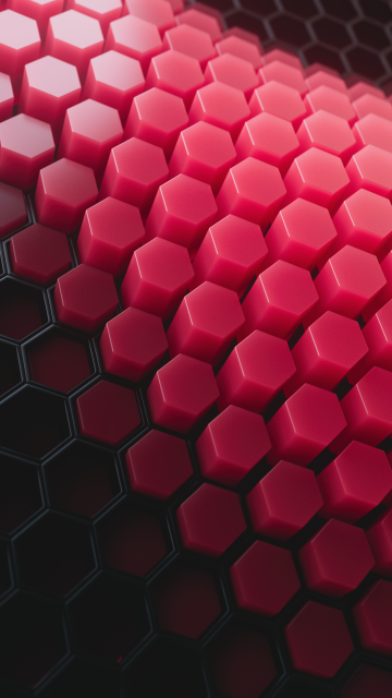 Hexagons, Red blocks, Patterns, Red background, Black blocks, 3D background, Geometric, Honeycomb