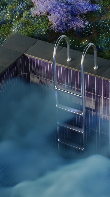 Misty, Swimming Pool, Outdoor, 5K, Green Grass, Smoke, Garden, Purple Flowers, Surrealism, Night