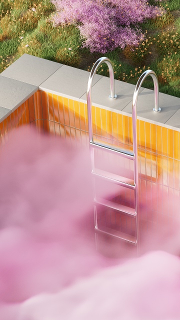 Surreal, Aesthetic pool, Purple Flowers, Outdoor, Pink aesthetic, 5K, Green Grass, Smoke