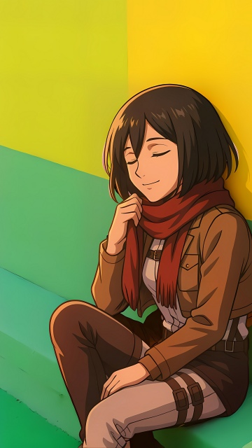 Mikasa Ackerman, 8K, Attack on Titan, Anime girl, Red scarf, Peaceful, Geometric, Yellow and green