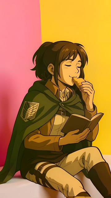 Sasha Braus, 8K, Attack on Titan, Anime girl, Eating, Reading book, Relaxing, Colorful background, 5K