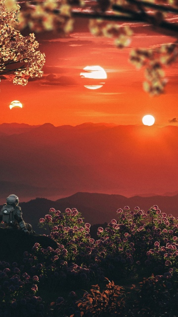 Astronaut, Sunset, Exoplanet, Cherry Blossom Trees, Mountains, Digital art, Relaxing, Dreamlike