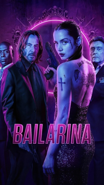 Ballerina, John Wick, Keanu Reeves, Ana de Armas, Movie poster, Action movies, Neon light, Neon purple, Tattoo, 5K, Dark background, Keanu Reeves as John Wick