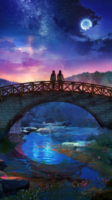 Couple, Fantasy landscape, Night sky, Milky Way, Bridge, River, Glowing elements