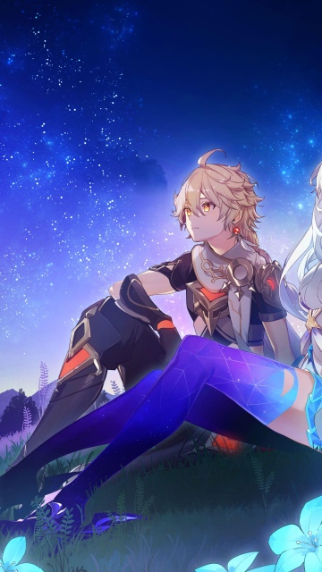 Aether, Skirk, Genshin Impact, Starry sky, Anime couple