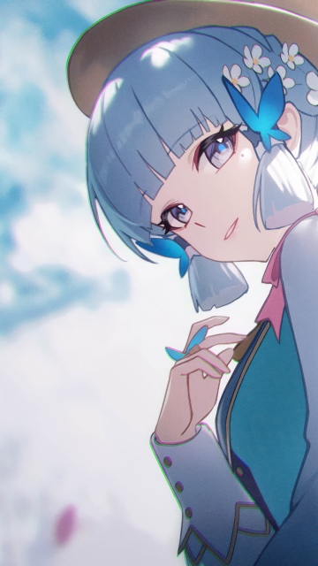 Kamisato Ayaka, 5K, Genshin Impact, Blue hair, Smiling girl, Hat