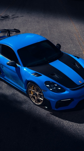 Porsche 718 Cayman GT4 RS, 8K, Blue car, Sports cars, Racing stripes, 5K