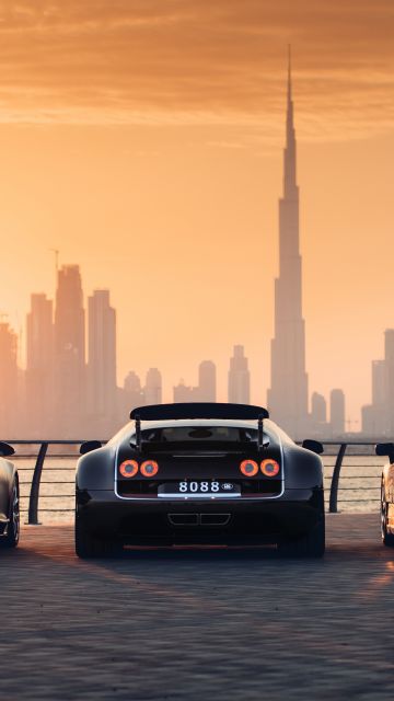 Bugatti EB110 Super Sport, Bugatti Veyron, Bugatti Chiron, Dubai, Cityscape, 5K