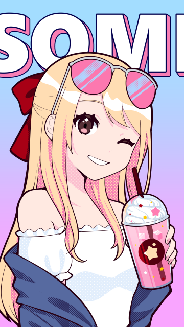 Jeon Somi, Anime girl, Winking, Sunglasses, Cute anime, Gradient background, Kawaii girl, Kawaii boba tea