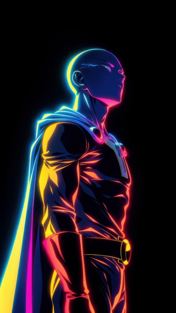 Saitama, Neon, One Punch Man, 5K, AMOLED, Black background