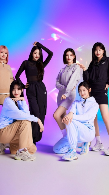 IVE (K-pop), Puma Campaign, An Yujin, Gaeul, Rei (IVE), Jang Wonyoung, Liz (IVE), Leeseo, Colorful background, Vibrant, 5K