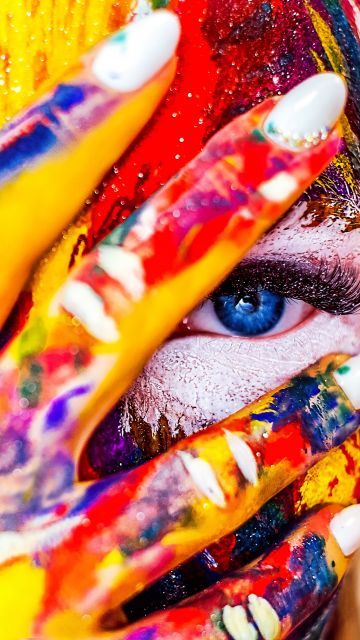 Coloured Face, Girl, Multicolor, Colorful, Blue eyes, Paint, Creative, 5K