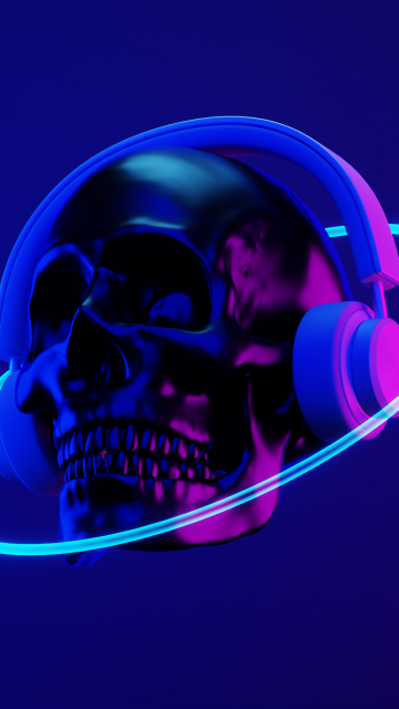 Dubstep, Skull, Headphones, Neon art, Synthwave, 5K, Dark blue