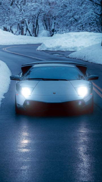 Lamborghini Murcielago, Winter Road, Snowy road, Sports cars, Headlights, Blue aesthetic, 5K