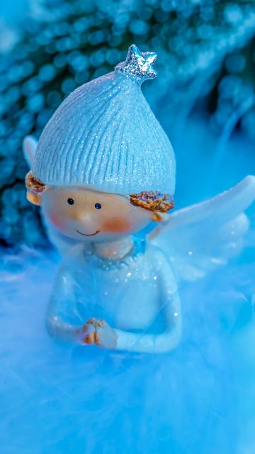 Blue Angel, Christmas decoration, Wings, Cap, Cute, Blue background