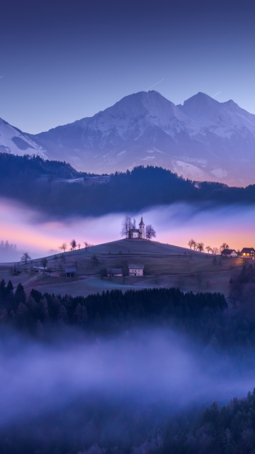 Slovenia, Hilltop, Foggy night, Landscape, Mountains, Church, Twilight, Star Trails, Mystical