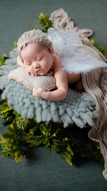 Newborn Baby, Baby girl, Angel, Green leaves, Sleeping baby, Portrait, Cute Baby, Photoshoot, 5K, Sage green