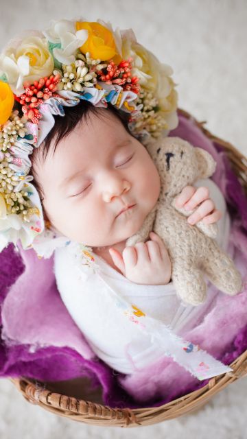 Newborn, Flower Wreath, Sleeping baby, White fur, Basket, Teddy bear, Cute Baby, 5K
