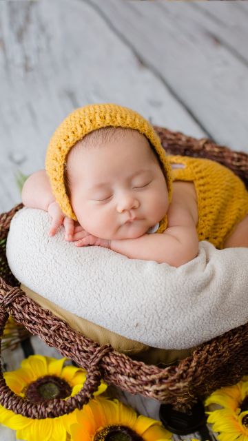 Newborn, Crochet baby costume, Yellow Dress, Sleeping baby, Basket, Sunflowers, Wooden Floor, Cute Baby, Green leaves, 5K