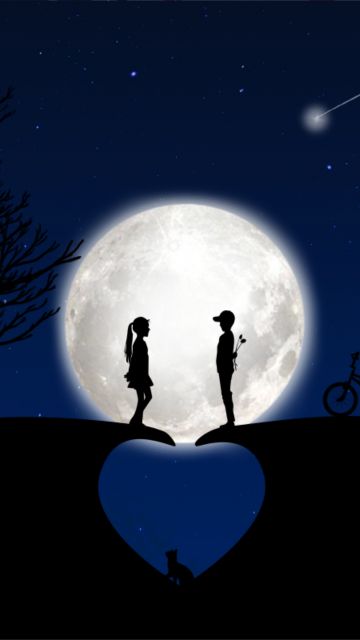 Full moon, Couple, Heart, Blue background, Bicycle, Tree, Cat, Stars, Silhouette