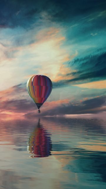 Hot air balloon, Multicolor, Colorful Sky, Water, Reflection, Clouds, Sky view, Aesthetic, 5K, 8K