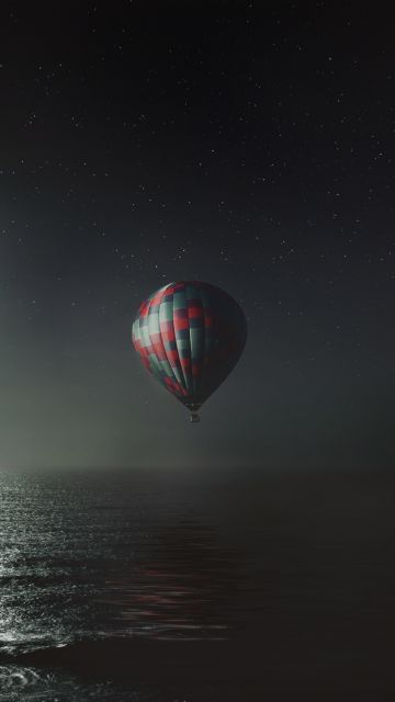 Hot air balloon, Night, Full moon, Dark background, Sea, Stars, 5K, 8K