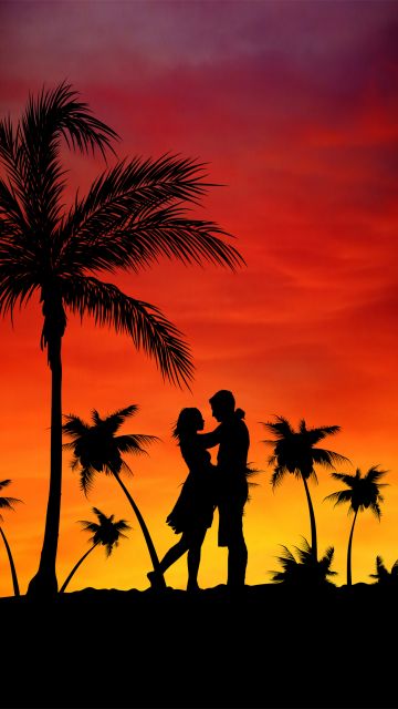 Couple, Palm trees, Orange sky, Sunset, Silhouette, Romance, Aesthetic, 5K