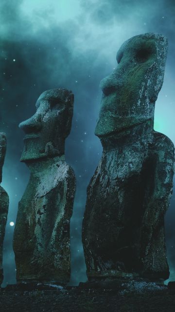 Moai statues, Easter Island, Full moon, Stars, Night sky, 5K, 8K
