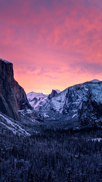 Yosemite National Park, Snow covered, Mountains, California, Purple sky, Valley, 5K, 8K