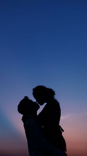 Couple, First kiss, Silhouette, Romantic kiss, Sunset, 5K