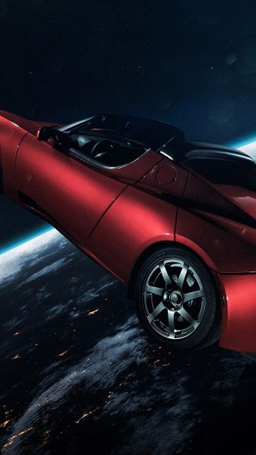 Elon Musk's Tesla Roadster, Tesla in Space, Red cars, Earth, Horizon, Electric Sports cars