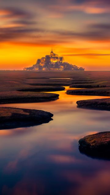 Mont Saint-Michel, Landscape, Island, River, Castle, Normandy, France, Sunset Orange