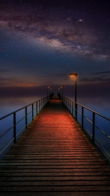 Wooden pier, Night sky, Stars, Galaxy, Milky Way, Seascape, Dark, 5K, 8K