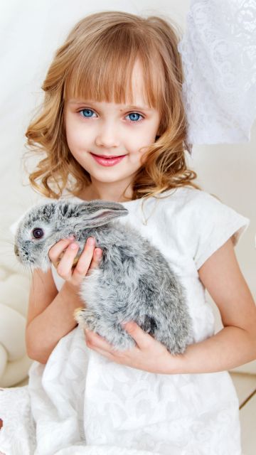 Cute Girl, Rabbit, Smiling girl, White, Blue eyes, Happiness, Pretty