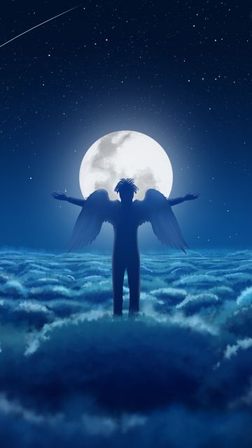 Moonlight, Above clouds, Dream, Man, Wings, Night, Blue aesthetic, 5K